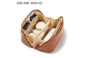 OEM ODM Custom PU Leather Cosmetic Bag Multi Compartment Organizer With Dividers for Travel Makeup and Skincare Essentials