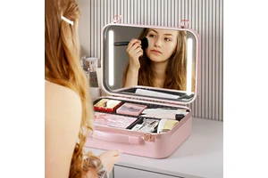 Lockable Big Beige Combination Lock Adjustable Dividers Empty Led Makeup Bags Cosmetic Storage Beauty Vanity Case Hardcase