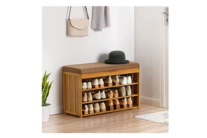 Meuble a Chaussures 3 Tier Shoe Bench Bamboo Upholstered Shoe Rack Entryway Storage for High Heels Sneakers Sandals Slippers