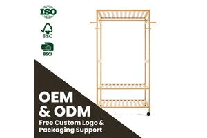 Bamboo Multifunction Modern Coat Rack with Wheels for Clothing Storage in Bedroom Living Room & Entryway