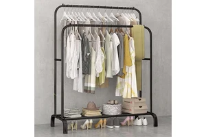 Portable Space Saving Modern Double Rod Clothes Hangers Standing Coat Rack for Bedroom Storage