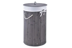 Nice Strong Round Gray Bamboo Folding Laundry Basket With Carry Handle And Lid Collapsible Clothes Hamper For Clothing Storage