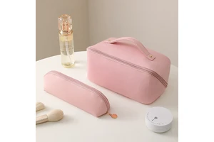 Customizable PU Leather Large-Capacity Makeup Bag with Zipper Closure Logo Pattern Cosmetics Toiletries Storage Bag Partition