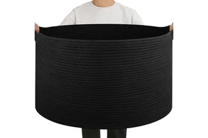 Large Modern Woven Rope Storage Basket Black Handle Eco-Friendly 100% Cotton for Clothing Blankets Pillows Laundry-Living Room