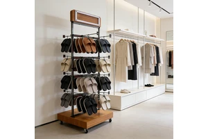 Custom Doule Side Hook Slippers Shoe Display Stand Metal Floor Flip Flop Slipper Display Stand With Wheels