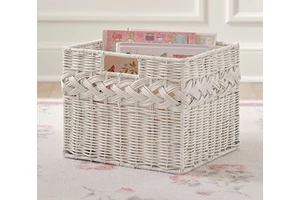 White Woven Rectangular Storage Basket for Home Organization and Decorative Display Multifunctional Stacking Design