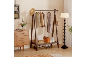Freestanding Multifunctional Bamboo Coat Rack with Rattan Shelf for Bedroom Living Room Hanging Storage Organizer
