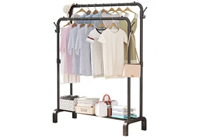 110cm Metal Double Rod Coat Rack Durable Living Room Household Storage Shoe Clothes Rack Stylish Foot-Standing Design for