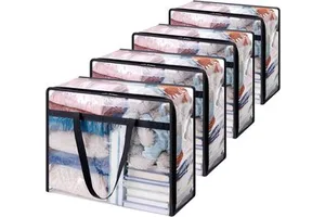 Clear Clothes Storage Bags 40L Plastic Blanket Storage Bags Vinyl Foldable Moving Bags With Zipper Closet Organizers