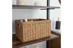 Built-in Handle Iron Frame Basket Storage Round Paper Rope Braiding Storage Baskets Rectangular Handwoven Wicker Baskets Storage