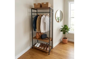 Space-Saving Hanging & Storage Coat Rack with 2-Tier Wooden Shelves Open Wardrobe Organizer for Bedroom Entryway Apartment