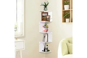 White Floating Corner Shelf for Bedrooms & Living Rooms Wall Mounted Storage Rack to Display Books Plants Photos & Other Items
