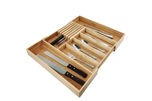 2022 Multifunctional Expandable Wooden Utensil Organizer Drawer Silverware Organizer Bamboo Cutlery Tray For Drawer