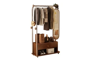 Solid wood coat rack with integrated dressing mirror floor standing clothes rack for bedroom use movable storage shelf