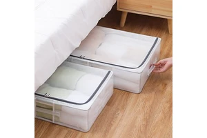 Under Bed Foldable Storage Box with Steel Frame Transparent Waterproof Moisture-Proof Clothes Organizer