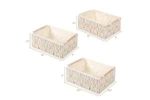 Large Boho Beads Decorative Wicker Boxes Macrame Cotton Rope Hand Woven Storage Baskets Wooden Handles Bin Set For Home Decor