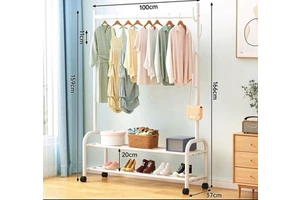 FIRST HORSE Heavy Duty Single Rod Coat Rack Organizer with Hooks Freestanding Movable Garment Stand with 2 Tiers Storage Shelf