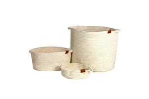 3 Sizes Cotton Rope Woven Storage Basket Leather Handles Foldable Nursery Laundry Organizer Wholesale