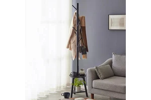 Bamboo Clothes Storage Rack With Coat Hooks Removable Wheels Multifunctional Garment Stand