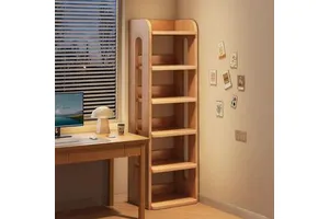 Solid wood integrated wall-mounted storage rack with multiple storage options for the living room.