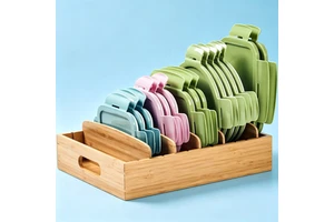 Wooden Kitchen Cabinet Organizer for Food Storage Container Lids, with Adjustable Dividers, Bamboo Drawer Caddy
