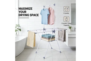Heightened Foldable Detachable Metal Three-Layer Multifunctional Clothes Drying Rack Winged Design Laundry Clothing Organizer