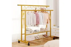 120cm Movable Double Rod Metal Coat Rack Organizer with Storage Shelves Bedroom Balcony Garment Rack Clothes Rack for Shoes