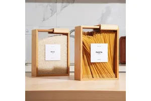 Factory Price Transparent Arylic Kitchen Utensils Cans Grain Distributor Cans Food Container Bamboo Storage Box For Pasta Powder