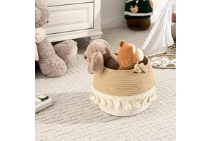 30.48cm X 22.86cm Handmade Cotton Rope Storage Basket Boho Basket Tassel Laundry Basket Woven Cotton Rope