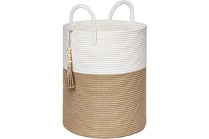 Large Woven Rope Laundry Basket with Handles Decorative Storage Basket for Clothes and Toys in Living Room, Bedroom