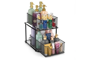 2-Tier Under Sink Organizer - Sliding Mesh Drawer Storage Rack for Bathroom & Kitchen Countertop Carbon Steel Cabinet Shelf Rack