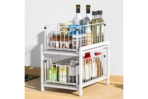2-Tier Sliding Cabinet Organizer Double Kitchen Drying Basket Pull-Out Drawers Standing Type Plastic Multifunction