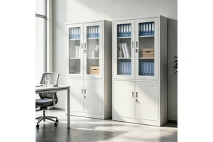 Factory Direct OEM Cold Rolled Steel Filing Cabinet 2 Glass Doors and 2 Metal Cabinet Doors Lockable Office Storage Cupboard
