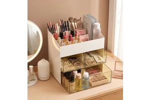 XinHang Bulk Retractable Drawer Makeup Storage Chest Plastic Skincare Display Frame Dressing Table Organizer Box With Brush Tray