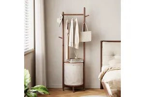 US Stock Solid Wood Coat Rack with Fabric Basket 9 Hooks Wheels-Freestanding for Entryway Bedroom Hallway Living Room GYJ063