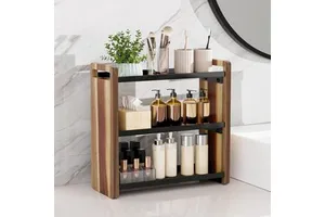 CF Alloy Steel Wood 3 Tier Vanity Cosmetic Storage Kitchen Under Sink Bathroom Counter Organizer Shelf For Hotel Home