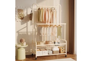 Black and White Simple Movable Iron Storage Rack Hanger Bearing Capacity Strong Coat Rack for Living Room Modern Design