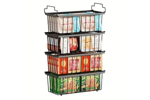 4-Pack Stackable Metal Wire Storage Baskets with Handles Freezer Pantry Organizer Bins for Kitchen Cabinet Storage