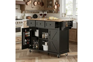 Modern Multifunctional MDF Kitchen Cupboard Island with Storage Rack Power Socket Spice Organizer Mobile Durable Easy Clean