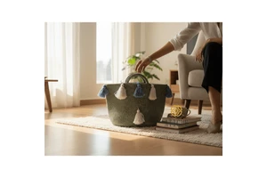 14x12 Inch Woven Cotton Storage Basket with Tassel Decor Living Room Multipurpose Organizer with Handles