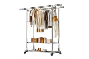 2-Layer Stainless Steel Double Rod Telescopic Multifunctional Eco-Friendly Movable Modern Clothes Rack Bag Drying Bedding Shoes