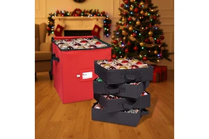 Christmas Ornament Storage Box 4 Individual Trays Stackable Portable Classic Non-WovenDesign Polyester Holds 64 Ornaments Box