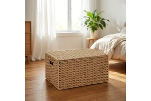 Water Hyacinth Woven Storage Basket with Lid Rectangular Shelf Organizer with Handles for Home and Closet Organization