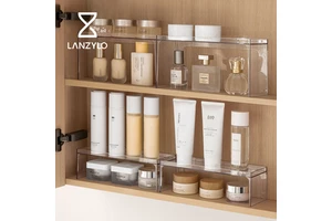 LANZYLO Standing Type PET Plastic Inner Storage Box with Layered Partition Non-folding Bathroom Cosmetic Rack Model 72501