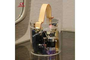 Custom Round Acrylic Cosmetic Storage Box Lucite Makeup Storage Organizer with Leather Handle
