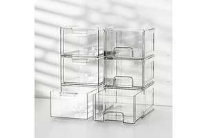Clear Stackable Plastic Cosmetics Storage Box Makeup Organizer Drawers With Pull Out Handles for Vanity