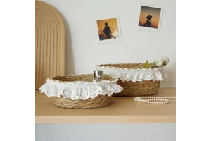 Storage Basket French Style Straw Woven Storage Basket Desktop Storage Basket Lace-trimmed Cosmetic and Sundry Kitchen Organizer