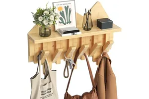 Coat Rack Wall Mount with Shelf & 6 Hooks Piano Coat Racks Bamboo Storage Organizer for Hats Jackets Bags for Entryway, Hallway