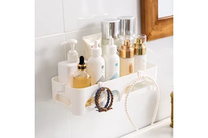 Non-Folding Plastics Multifunction Bathroom Kitchen Wall Mounted Organizer Storage Rack Shelf with Self Adhesive and Hook