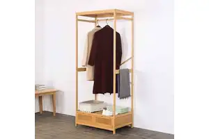 Modern Floor Standing Double Tier Bamboo Coat Rack with Drawer for Living Room Clothing Organizer and Shoes Storage